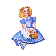A beautiful doll in a blue dress on a white background. Watercolor illustration.