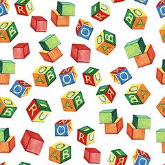 Seamless pattern with children's cubes on a white background. Watercolor illustration.