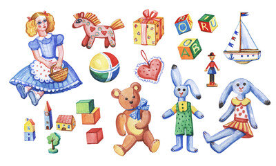 Watercolor set of children's toys. Doll, teddy bear, teddy hare, cubes and others.