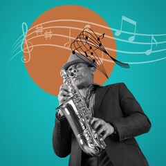 Hipster man playing with saxophone on background. Conceptual contemporary artcollage. Retro styled