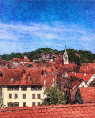 Fototapeta premium Colorful painting modern artistic artwork, real brush strokes, drawing in oil European famous old street view, beautiful old vintage houses, design print for canvas or paper poster, touristic product
