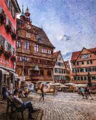 Colorful painting modern artistic artwork, real brush strokes, drawing in oil European famous old street view, beautiful old vintage houses, design print for canvas or paper poster, touristic product