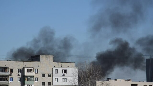 There is black smoke from a rocket or bomb explosi