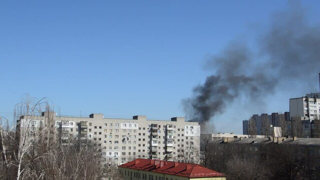 There is black smoke from a rocket or bomb explosi