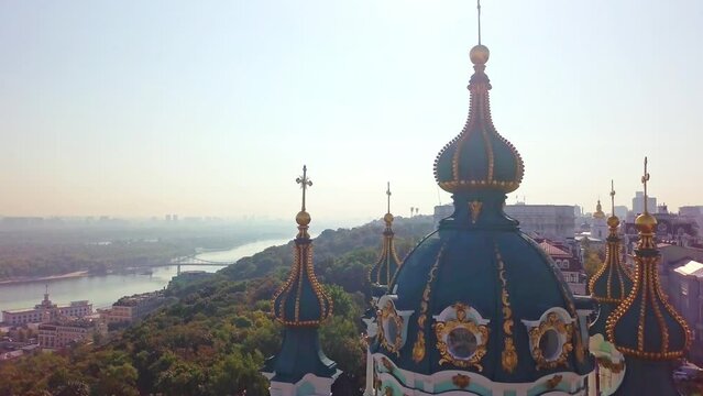 Aerial view of St. Andrews Church in Kiev, river 