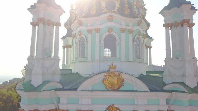 Aerial view of St. Andrews Church in Kiev, river 