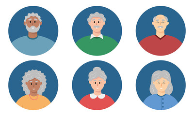 Senior people avatars. Older person icons. Happy faces of different mature man and woman. Elderly people round portraits set. Characters with grey hair. Isolated vector illustration in flat style. 