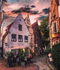 Colorful painting modern artistic artwork, real brush strokes, drawing in oil European famous old street view, beautiful old vintage houses, design print for canvas or paper poster, touristic product