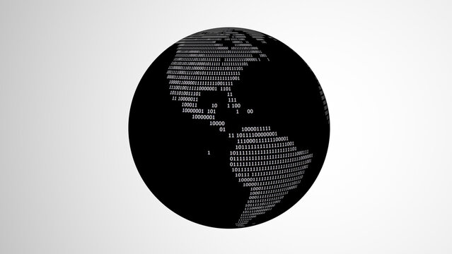 3D rendering of a dark globe with binary codes isolated on a white background