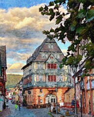 Naklejka premium Colorful painting modern artistic artwork, real brush strokes, drawing in oil European famous old street view, beautiful old vintage houses, design print for canvas or paper poster, touristic product