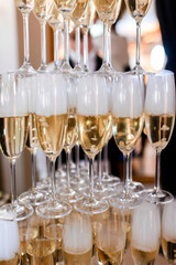 Close view of pyramid of white champagne with bubbles in goblets,
