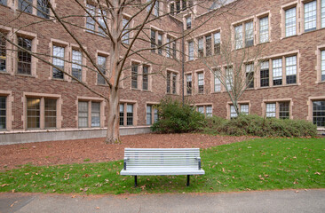 University of Washington building and a bench Seattle.