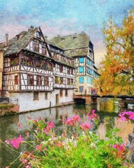 Colorful painting modern artistic artwork, real brush strokes, drawing in oil European famous old street view, beautiful old vintage houses, design print for canvas or paper poster, touristic product - obrazy, fototapety, plakaty