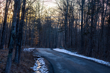 Early morning sun over winter road through dark woods