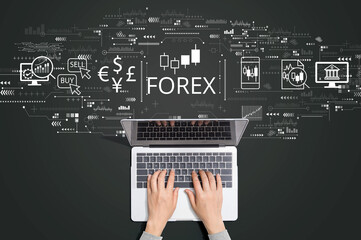 Forex trading concept with person using a laptop computer