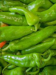 Flat lay and close-up fresh pepper for sale at a local farmer market. Vegetables background. Healthy vegan food concept. Vegan lifestyle.