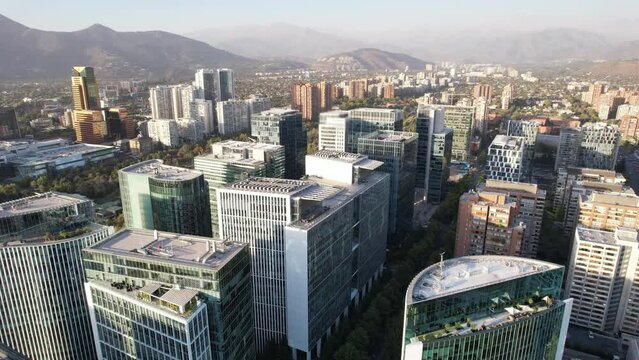 Aerial View of Las Condes District with Modern Buildings and Andes Mountains, Santiago, Chile