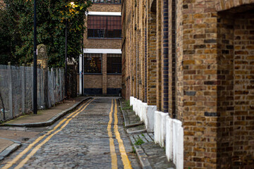 An empty street in London, brick walls, architecture of London