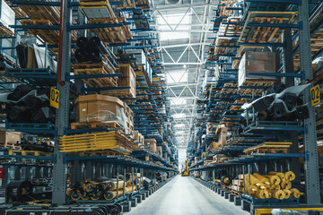 Modern distribution retail warehouse interior with many high shelves, boxes and goods on racks ready for delivery and shipping.