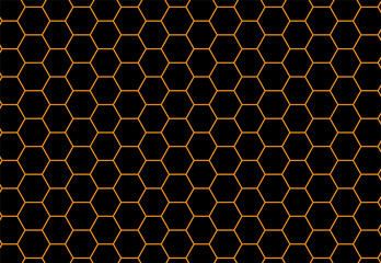 Honeycomb seamless pattern with hexagons. Background, texture with honeycombs. Geometric honey hexagons illustration for bees. Vector. Grid of hex orange tiles on black background