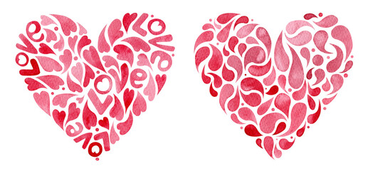 Fototapeta premium Watercolor set of red hearts made of small hearts. Lacy hand-drawn hearts. Valentine's day decoration. Illustration isolated on the white background.