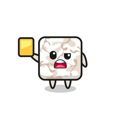 cartoon ceramic tile character as a football referee giving a yellow card