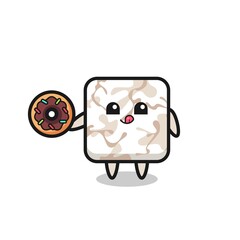 illustration of an ceramic tile character eating a doughnut