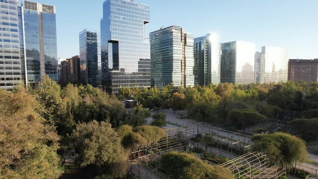 Drone View over Araucano Park and Modern Buildings in Las Condes, Santiago, Chile 
