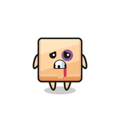 injured pizza box character with a bruised face