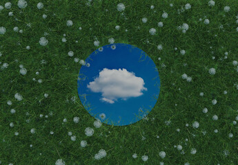 3d rendering of circular mirror reflecting single white cloud and surrounded by white dandelions. Flat lay of nature style concept