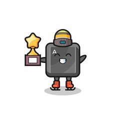 keyboard button cartoon as an ice skating player hold winner trophy