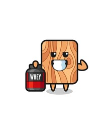 the muscular plank wood character is holding a protein supplement