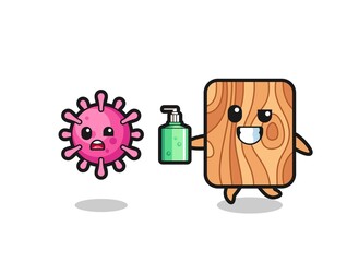 illustration of plank wood character chasing evil virus with hand sanitizer