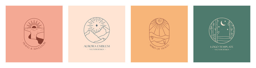 Vector linear boho emblems with forest,mountains landscape,cliffed coast and desert.Travel logos with trees,aurora lights,sun,coast,moon and stars.Modern hiking or camping labels in minimal style.