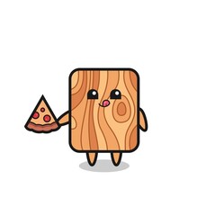 cute plank wood cartoon eating pizza