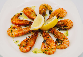 A gourmet portion of grilled prawns