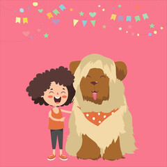 Cute Cartoon Little Girl and Pet Dog Friendship Flat Illustration