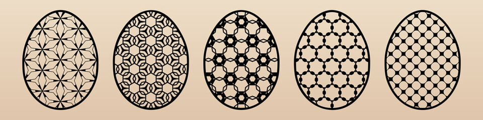 Obraz premium Vector set of Easter eggs. Laser cut template with ornamental egg shapes, abstract geometric pattern, delicate grid, mesh, lattice. Decorative stencil for laser cutting of wood, metal, paper, plastic