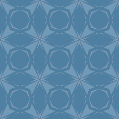 Abstract floral geometric ornament. Simple vector seamless pattern with flower silhouettes, leaves, crosses, arrows, triangles. Elegant background texture in blue and lilac tones. Repeat geo design