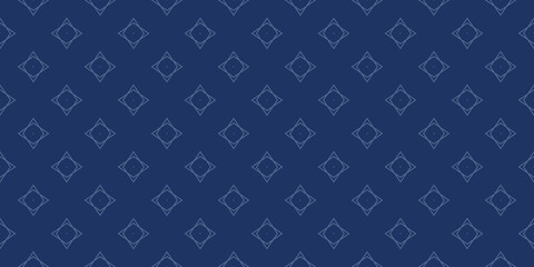 Vector minimalist seamless pattern with small linear diamond shapes, rhombuses, flower silhouettes. Abstract blue geometric texture. Simple minimal background. Subtle modern design for wallpapers