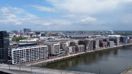 Obraz premium Modern buildings in the Harbour City district in Hamburg at the port - aerial view - aerial photography