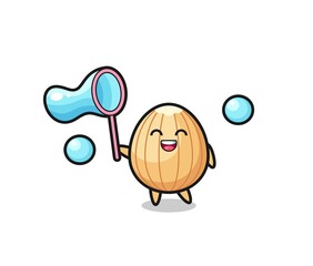 happy almond cartoon playing soap bubble