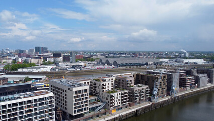 Fototapeta premium Modern buildings in the Harbour City district in Hamburg at the port - aerial view - aerial photography