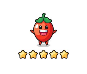 the illustration of customer best rating, chili pepper cute character with 5 stars