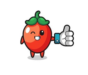cute chili pepper with social media thumbs up symbol