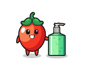 cute chili pepper cartoon with hand sanitizer