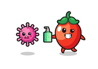 illustration of chili pepper character chasing evil virus with hand sanitizer
