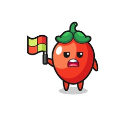 chili pepper character as line judge putting the flag up