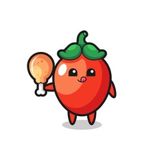 chili pepper cute mascot is eating a fried chicken