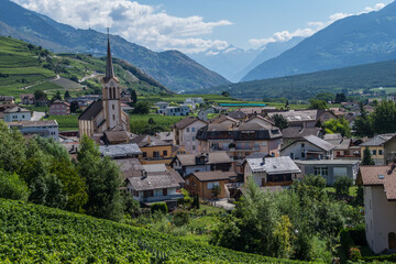 Aerial landscape of peaceful Salgesch Municipality in Switzerland